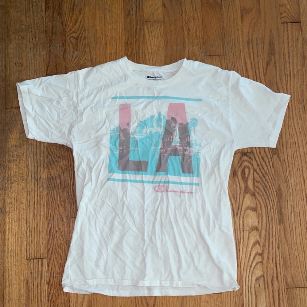 Champion shirt medium, pink light blue and white